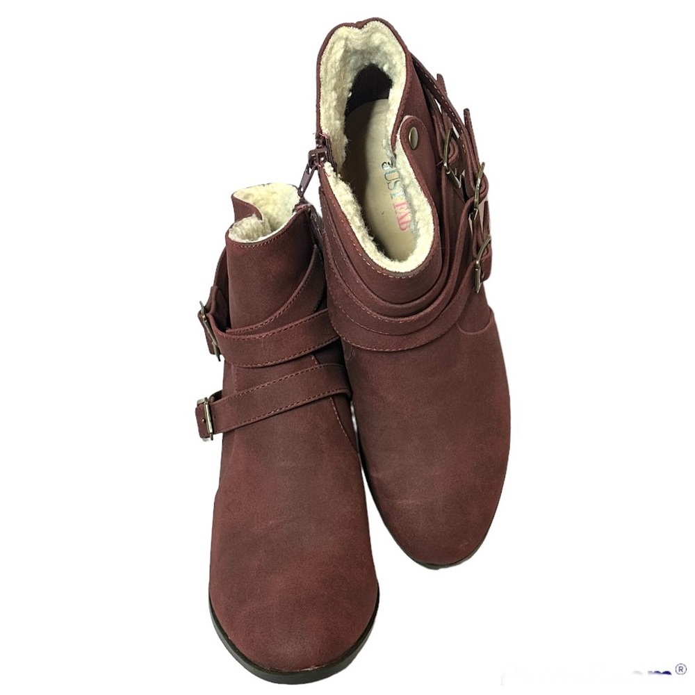 Just Fab Women Burgundy  Side Zip Heeled Triple Strap Yarah Ankle Boots - Picture 6 of 11